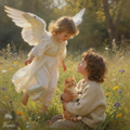 Angel with child and kitten in field